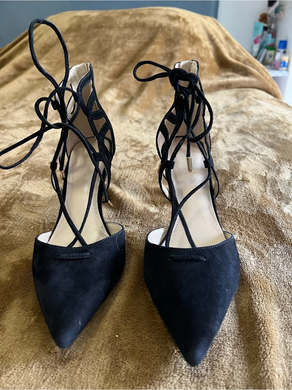 Marc Fisher Black Suede Lace-Up Pointed Heels
